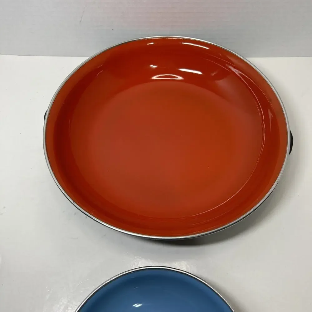 Vtg MCM Emo Celji Style Nesting Enamel Metal 2 Saute Pans Yugoslavia Blue Red